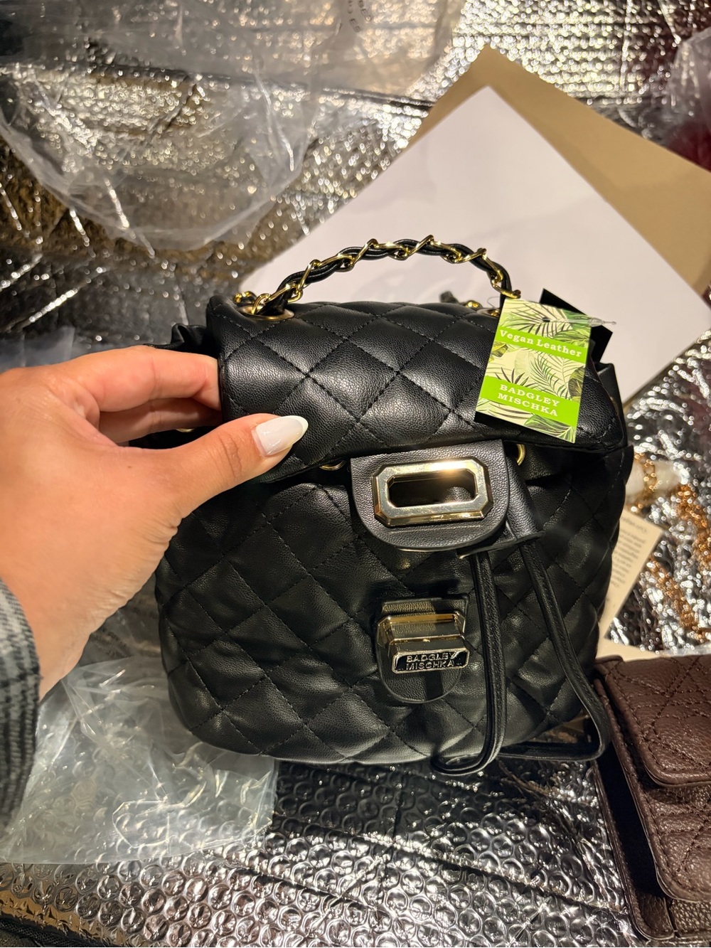 Badgley Mischka Black Quilted Vegan Leather Backpack with Gold-Tone Chain